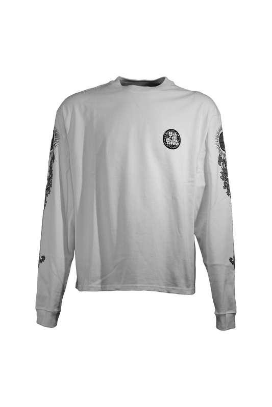 YIN-YANG white longsleeve in 290GSM with black print, theme of perspective and balance, from Suppressed clothing.