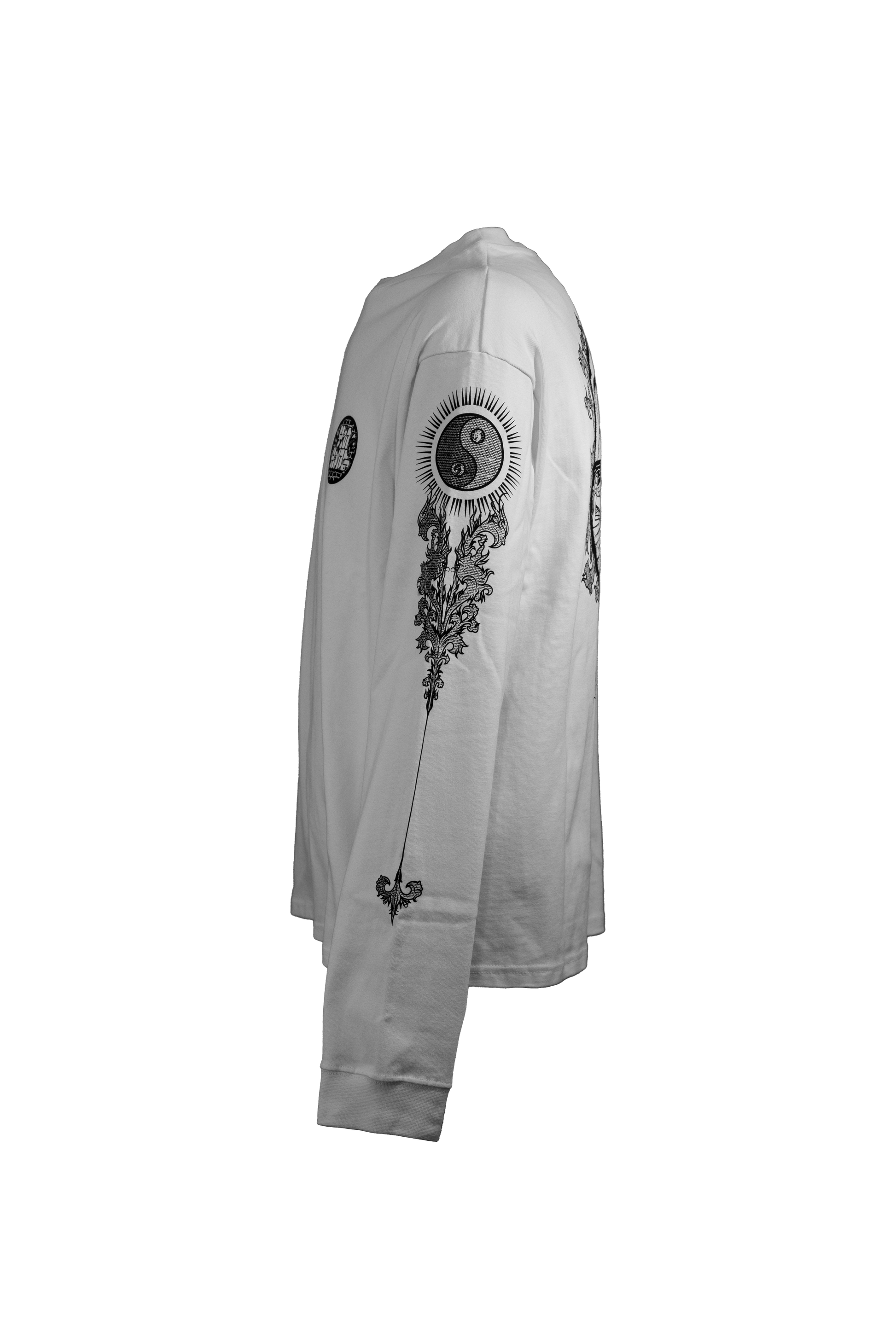 YIN-YANG white longsleeve in 290GSM with black print, theme of perspective and balance, from Suppressed clothing.