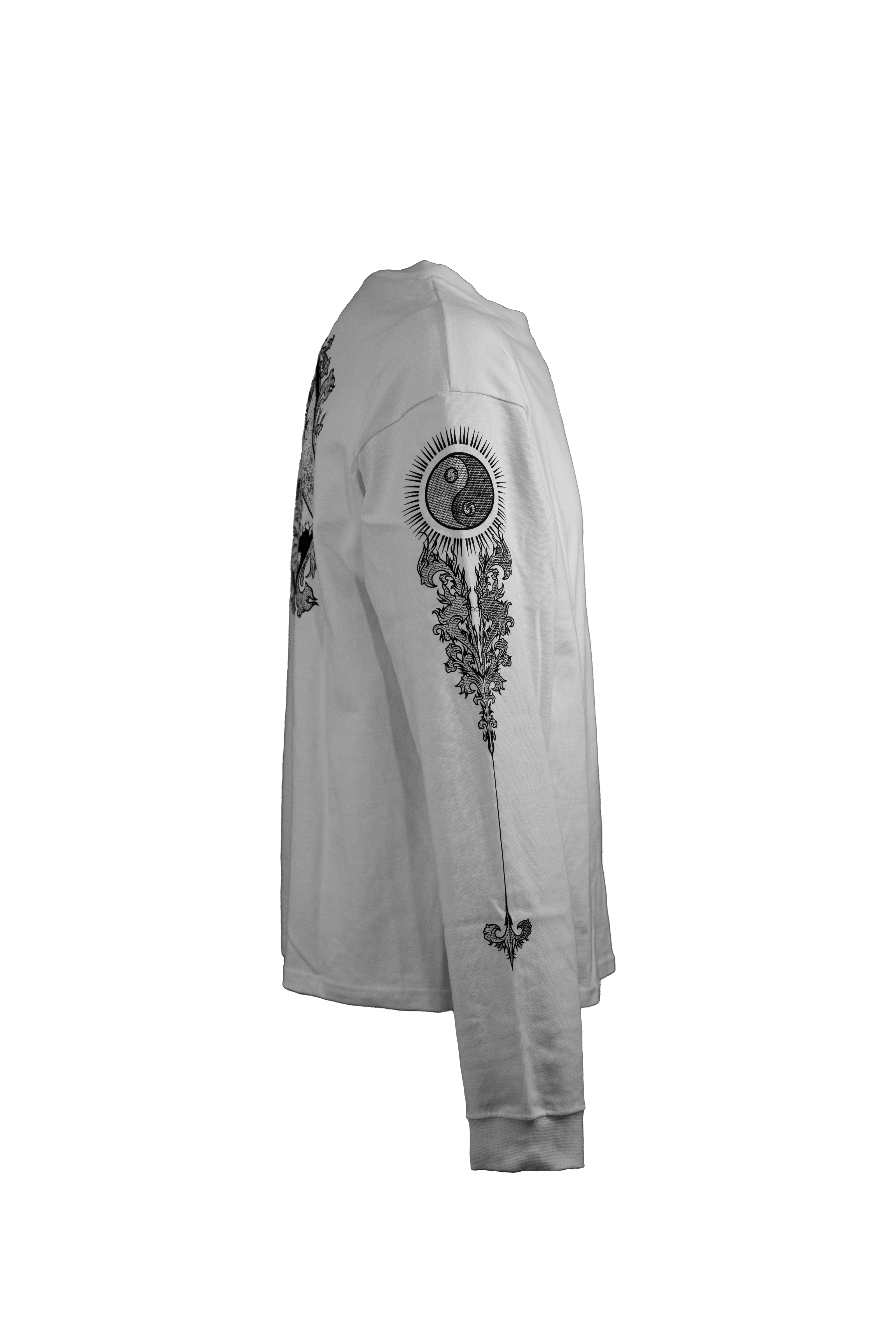 YIN-YANG white longsleeve in 290GSM with black print, theme of perspective and balance, from Suppressed clothing.