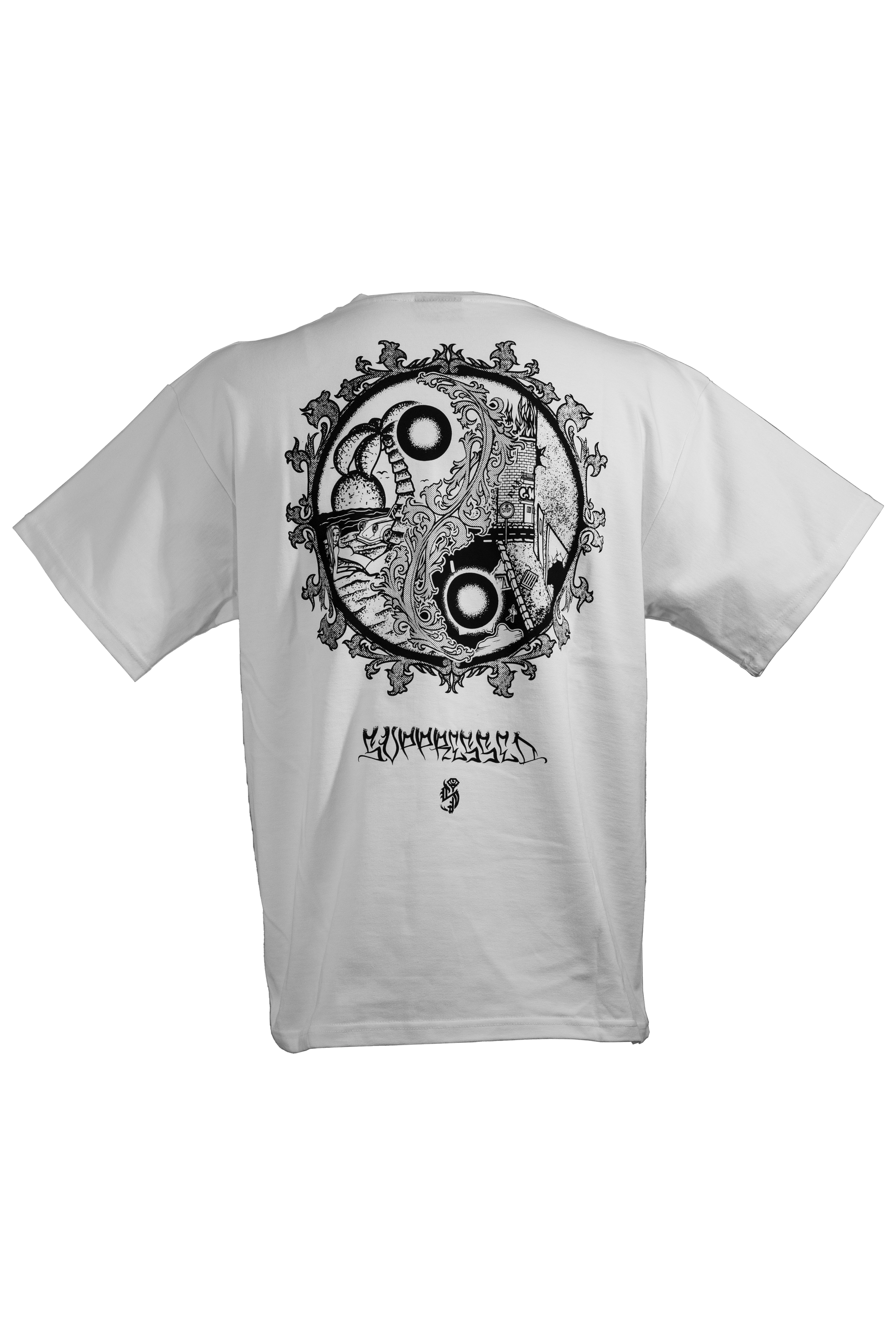 YIN-YANG white T-shirt in 290GSM with black print, theme of perspective and balance, from Suppressed clothing.