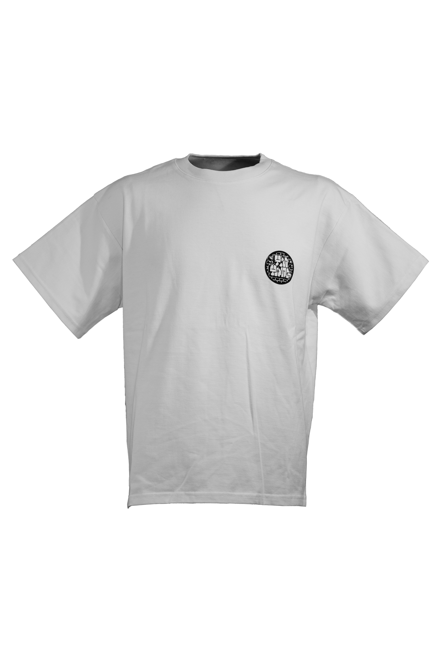 YIN-YANG white T-shirt in 290GSM with black print, theme of perspective and balance, from Suppressed clothing.