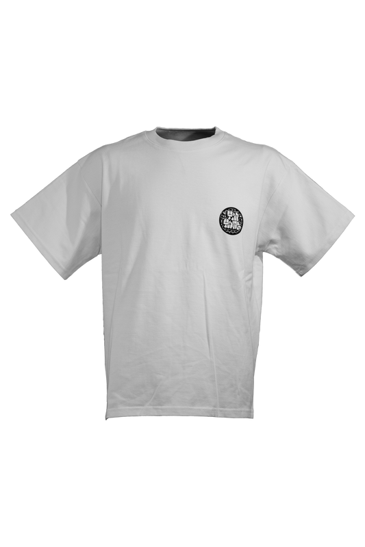 YIN-YANG white T-shirt in 290GSM with black print, theme of perspective and balance, from Suppressed clothing.